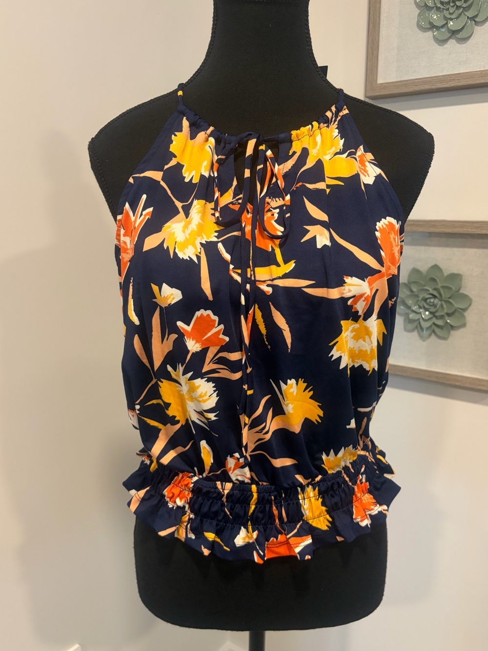 Eclair Navy Floral Print Tie-Neck Blouse with Ruffle Hem NWT!
